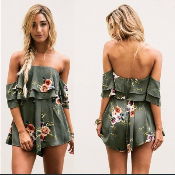 Green Floral Romantic Romper Off Shoulder Ruffle - Picture 4 of 4